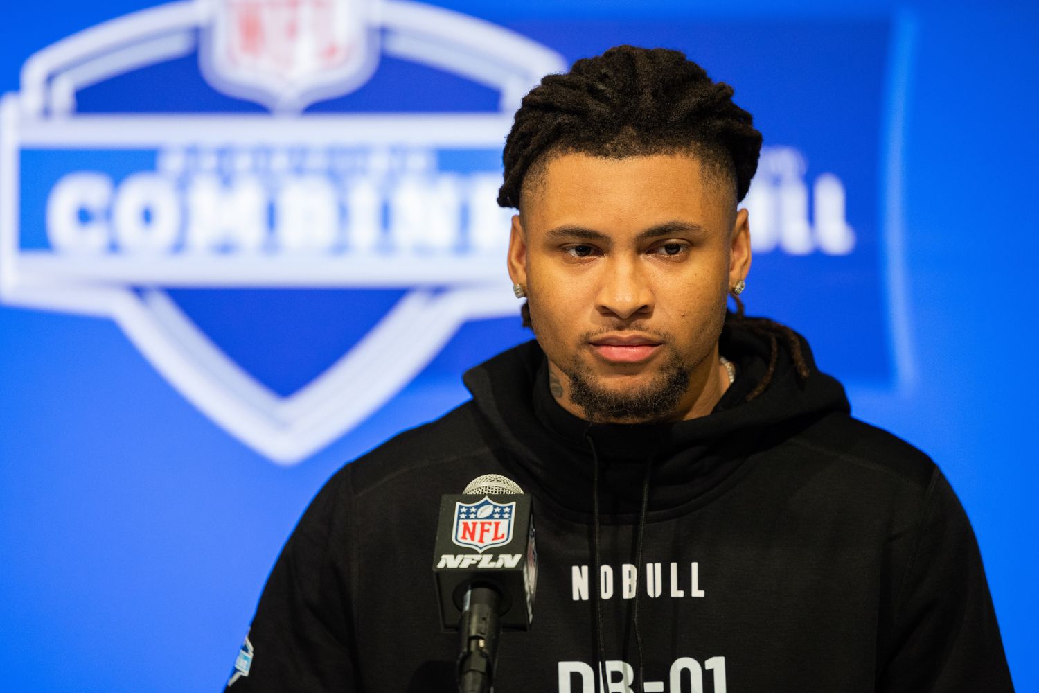 Missouri defensive back Kris Abrams-Draine (DB01) talks to the media during the 2024 NFL Combine at Lucas Oil Stadium
